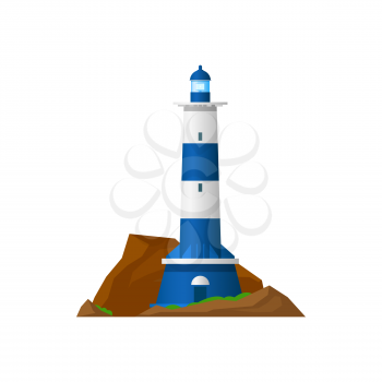Lighthouse beacon tower, nautical cost searchlight, vector, sea light or coast navigation and sailing light house. Marine ship signal beam or lighthouse on shore cliff