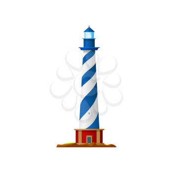 Lighthouse beacon tower sea searchlight, nautical light house, vector isolated. Coast navigation and sailing marine signal beam, ship shore port and harbor guide direction lighthouse icon