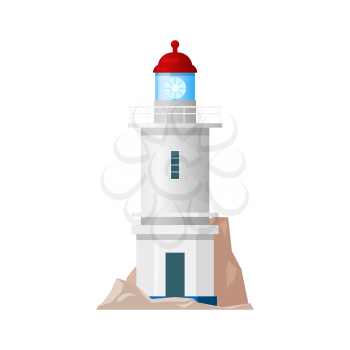Lighthouse, nautical sea light house beacon tower or coast searchlight, vector isolated flat icon. Marine sailing and ship navigation light beam signal, sea shore or harbor lighthouse old tower