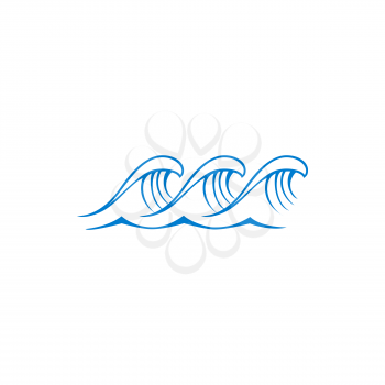 Splashing water waves isolated blue wavy sea or ocean outline icon. Vector hand drawn storm with wind, gale, dangerous weather at seaside sign. Marine swirl, surfing sport linear swirl