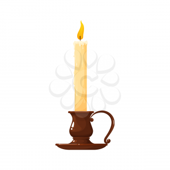 Old fashioned lit candle in vintage candlestick isolated realistic icon. Vector glass or copper holder, antique brass candelabra. Romantic wax stick candle with fire on top. Christmas decoration