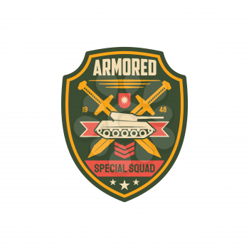 Heavy armored division isolated military chevron with tank, crossed swords and officer rank. Vector armed us infantry patch on uniform. Heavy machinery defense, combat emblem, survival unit