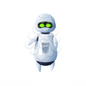 Android robot waving plastic mechanical droid with green eyes isolated artificial intelligence machine. Vector futuristic robot kids toy, cyber robotic space alien. Smart cyber machine, ai technology