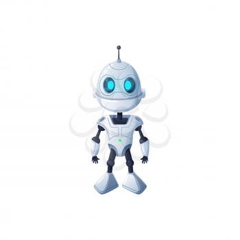 Sci-fi droid isolated white robot on legs isolated. Vector modern technologies character, friendly plastic machine helper with eyes. White kids toy, artificial automated android with antenna on head