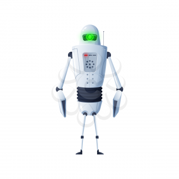 Robot, lamps in head isolated robotic character in white color. Vector android kids toy, cyborg humanoid. Plastic futuristic robot sci-fi hi-tech machine, artificial intelligence automation bot