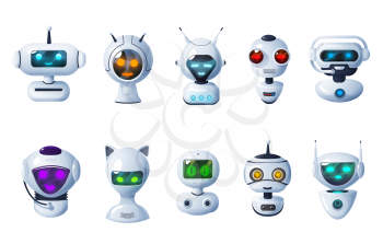 Chat bot icons, cartoon robots, vector cyborg heads with digital glow face, microphones and antennas. Artificial intelligence technology. Friendly cute electronic ai chatbot assistant characters set