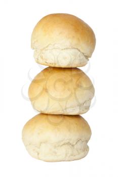 Three baked buns isolated on white