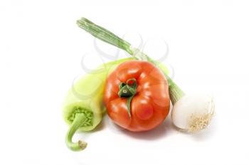 Tomato, onion and pepper, isolated on white background.