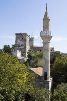 The minaret of mosque in St Peter's castle in Bodrum, Turkey