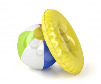 Beach ball and swim ring on white background