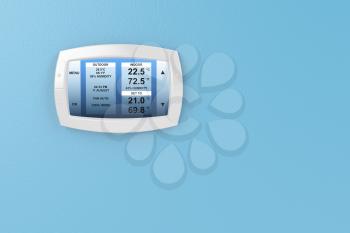 Digital thermostat on blue wall