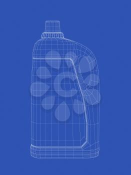 3D wire-frame model of liquid detergent bottle on blue background