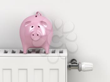 Piggy bank on central heating radiator. Concept image for saving money on heating.