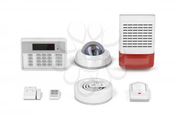 Electronic devices for home or office security on white background