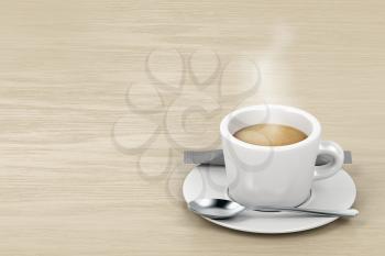 Hot espresso on the wooden table