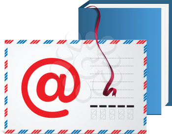 Royalty Free Clipart Image of a Book With a Ribbon and an Air Mail Envelope With an At Symbol