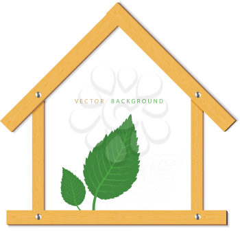 Royalty Free Clipart Image of a Wooden House With Green Leaves