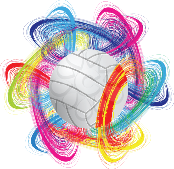 Royalty Free Clipart Image of a Volleyball Surrounded by Multi-Coloured Whirls