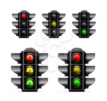 raffic lights with red, yellow and green lights on white background