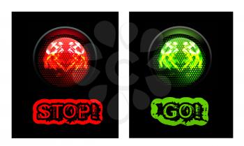 Red and green traffic light, isolated on black background. Vector illustration