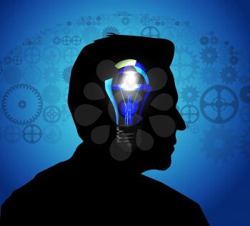 Silhouette of a man's head with a glowing light bulb, and gears