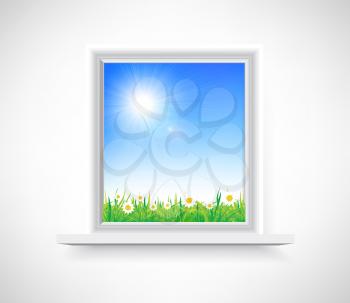 Royalty Free Clipart Image of a Field of Daisies Through a Window