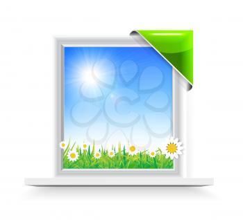Royalty Free Clipart Image of Daisies Through a Window