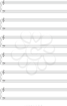 Blank A4 music notes with treble and bass clef. Vector illustartion