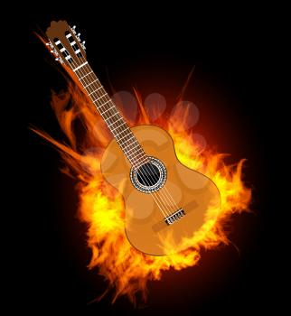 Acoustic guitar in fire flame.  Vector illustration on black