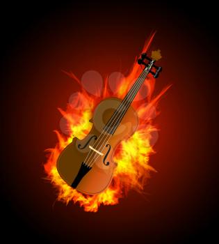 Violin in Fire Isolated on Black Background. Vector illustration