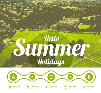 Hello summer holidays. Vector illustration with green grass background. Salzburg, Austria view from above