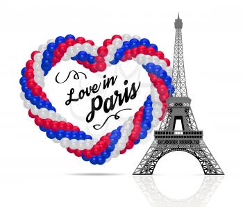 Balloons in the shape of a heart in the colors of the flag of France and the Eiffel tower. Vector illustration on white