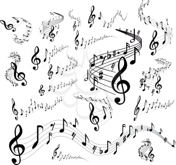Wavy music staves. Vector set on white background