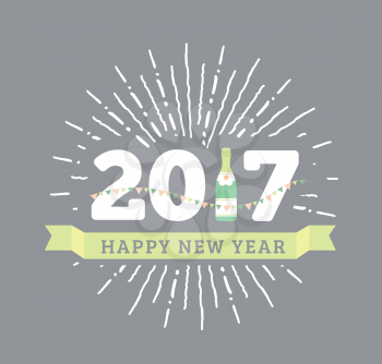 Congratulations to the happy new 2017 year with a bottle of champagne, flags. Vector flat illustration with sunburst