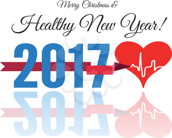 Congratulations to the healthy new year with a heart and cardiogram. Vector illustration on white