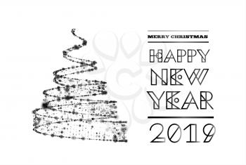 Geometric christmas tree from lights in spiral ribbon form. Vector illustration. Congratulations with Happy new year 2019