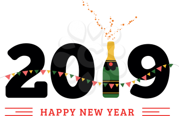 Congratulations to the happy new 2019 year with a bottle of champagne, flags. Vector flat illustration