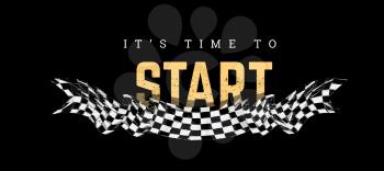 Checkered flag with the word Start. T-shirt design on black background