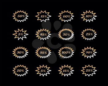 Set of golden star badge design on black. Sunburst ray. Vector illustration.