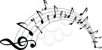 Wavy musical staff with notes on a white background. Vector illustration