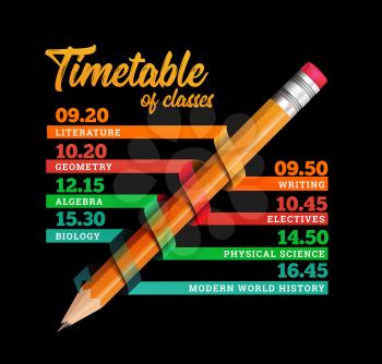 Timetable or timeline vector design template illustration with pencil on black background