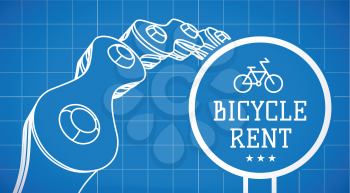 Bicycle rent sign on blueprint background with bicycle chain. Vector illustration