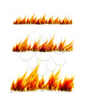 Fiery flames on a white background. Fire bonfire. Vector realistic illustration