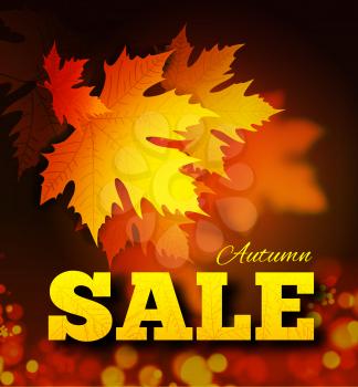 Autumn sale background with leaf texture on the letters and bokeh. Vector illustration