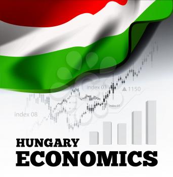 Hungary economics vector illustration with hungarian flag and business chart, bar chart stock numbers bull market, uptrend line graph symbolizes the welfare growth
