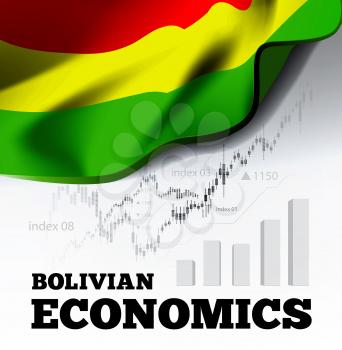 Bolvian economics vector illustration with bolivia flag and business chart, bar chart stock numbers bull market, uptrend line graph symbolizes the welfare growth