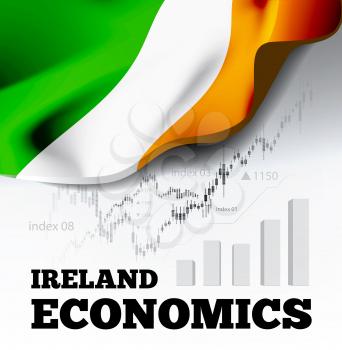 Ireland economics vector illustration with ireland flag and business chart, bar chart stock numbers bull market, uptrend line graph symbolizes the welfare growth