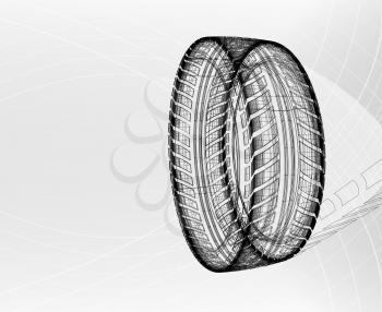 Car tire with tire marks on a light grey background. Vector blueprint design illustration