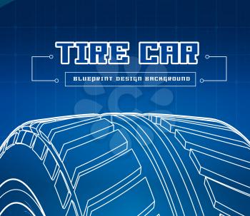 Car tire with tire marks on a blue background. Vector blueprint design illustration