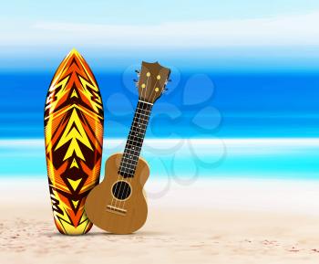 Ukulele guitar and board for the surfer on the beach, against the background of the sea or ocean. Vector summer illustration in a tropical style.
